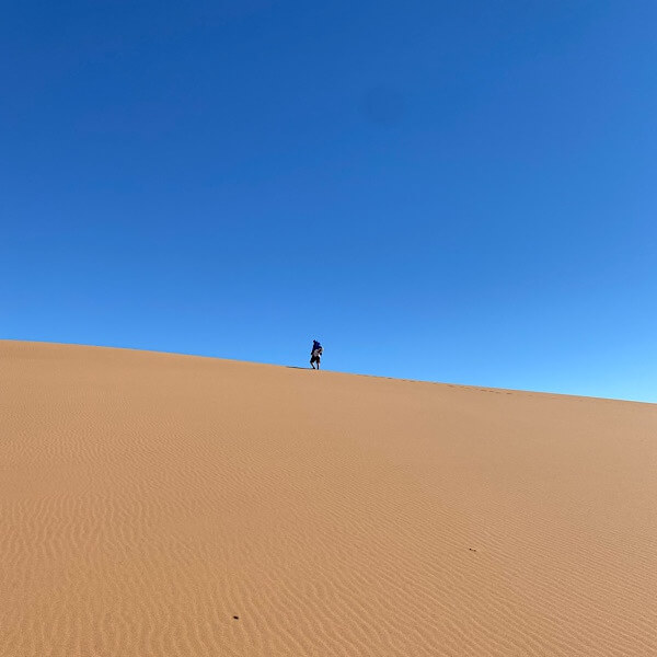 Mensch auf Düne in der Wüste. 