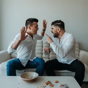 Zwei Männer sitzen auf einem Sofa. Einer der Männer hebt die Arme, der andere zeigt mit dem Finger auf ihn.