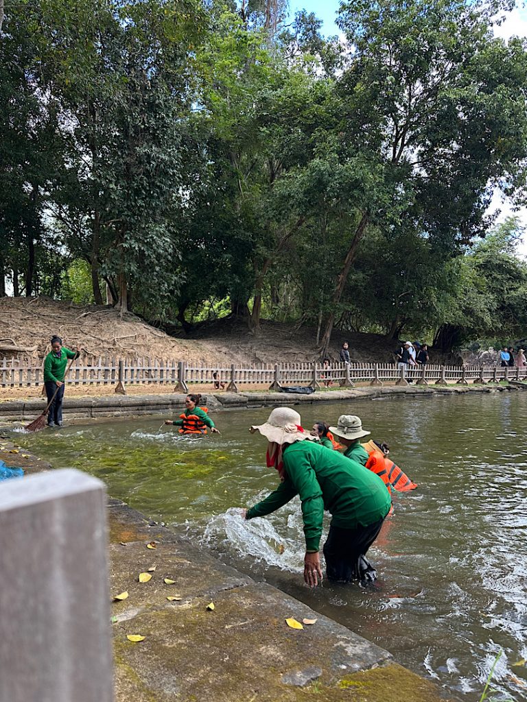 Frauen stehen in einem Bassin. Die Frau im Vordergrund trägt einen beigen Sonnenhut und ein grünes langärmeliges Shirt. Die Frauen sammeln Laub vom Bassin.