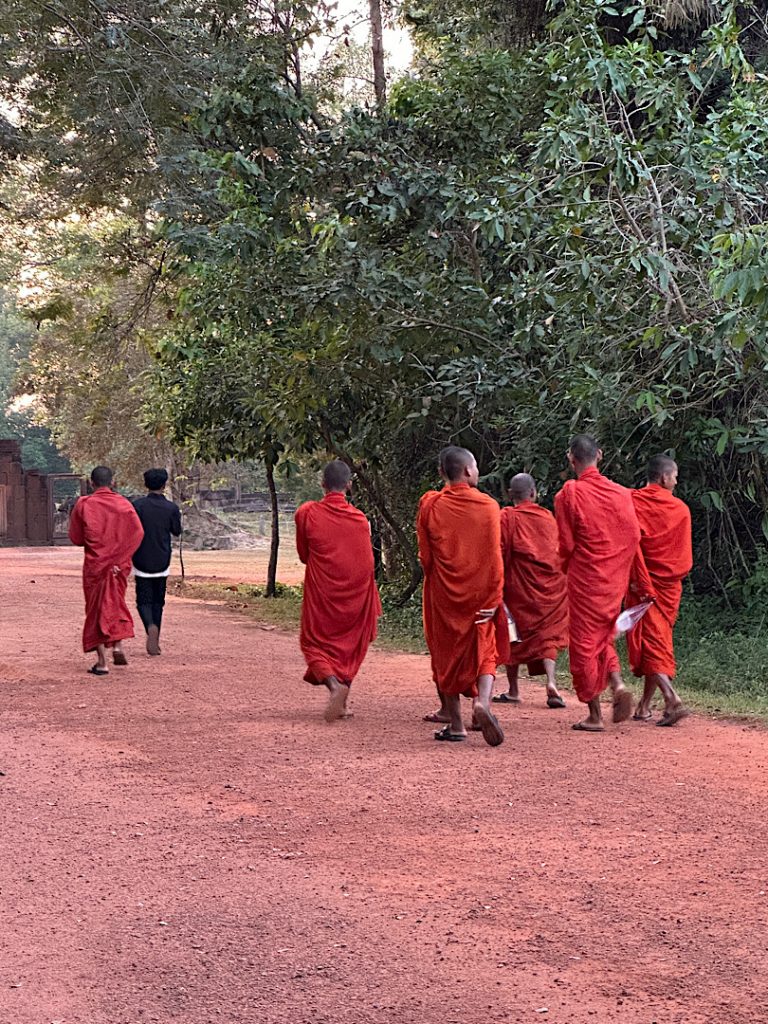 Eine Gruppe von buddhistischen Mönchen. Sie tragen orangefarbene Gewänder.