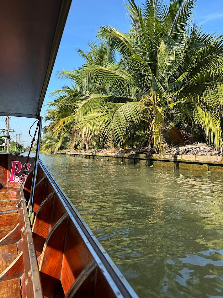 Im linken Rand ist ein Boot zu erkenne. Über die Reling ist der Fluss zu sehen. Am Ufer wächst eine Palme