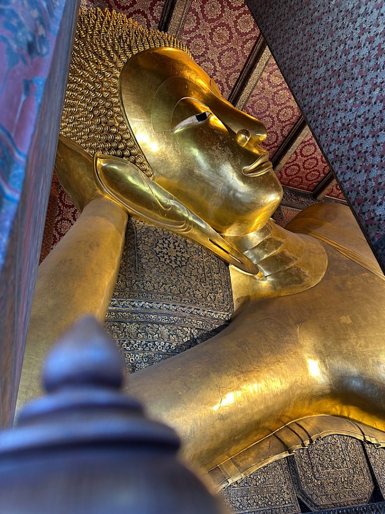 Durch Säulen hindurch ist der Kopt eines liegenden Buddha zu sehen